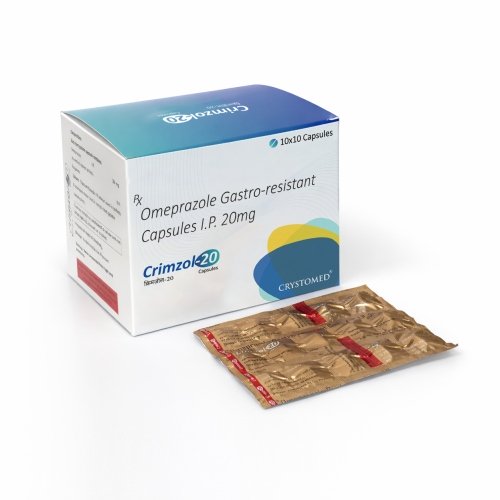 Crimzol 20 Omeprazole 20mg capsules packaging for acidity and gastric treatment